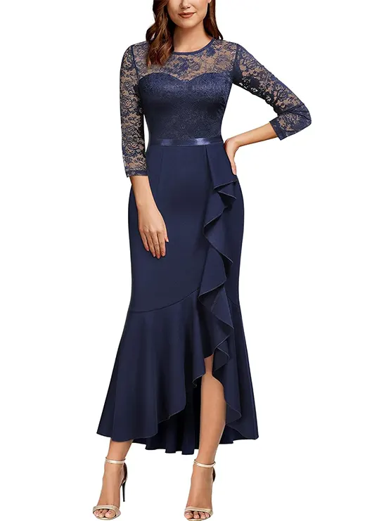 MISSMAY Women's Classy Floral Lace Ruffle Formal Bridesmaid Long Dress