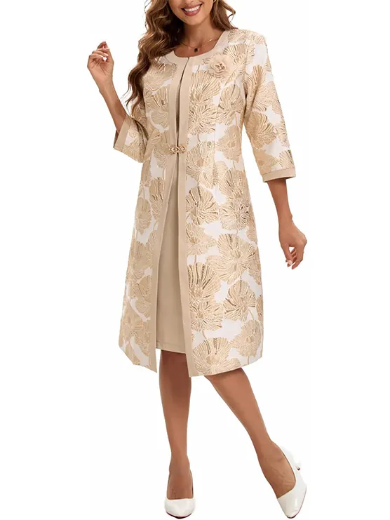 Women's Dress Church Suits 2 Piece with Jacquard Embroidery Long Jacket Church Set for Formal Occasions or Wedding Party