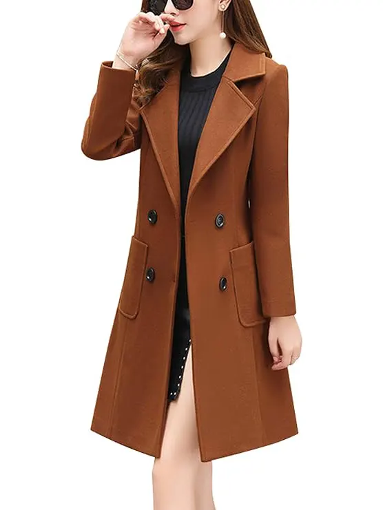 chouyatou Women Elegant Notched Collar Double Breasted Wool Blend Over Coat