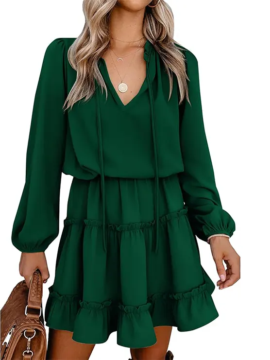 BTFBM Women Casual Summer Fall Dresses Tie V Neck Long Sleeve High Waist Ruffle Tiered A Line Swing Tunic Mini Dress