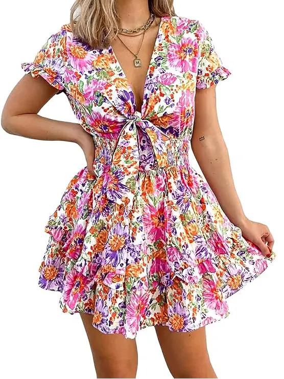 PRETTYGARDEN Women's 2024 Summer Swing Mini Dress Tie Front V Neck Short Sleeve Ruffle Layer A-Line Short Dress